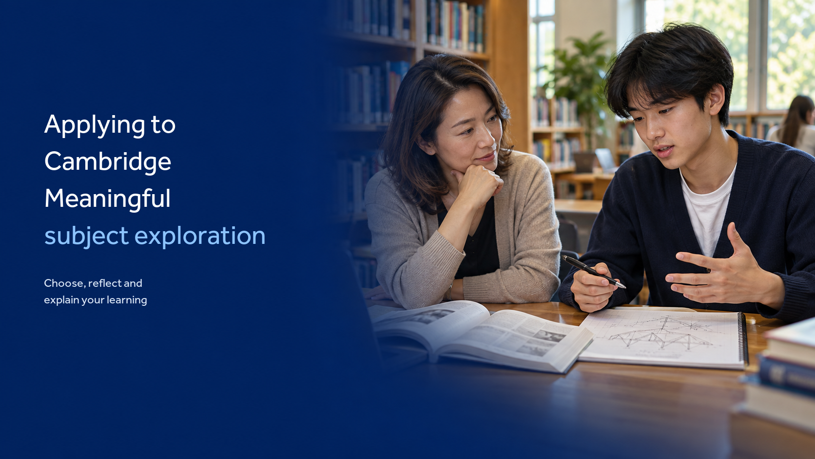 An older student explains an idea to an adviser in a library. AI-generated illustrative scene.