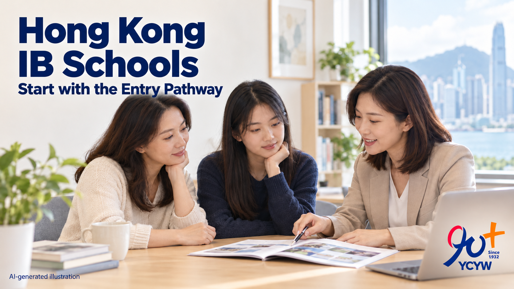 AI-generated illustration of a parent and teenager exploring IB school entry and curriculum pathways
