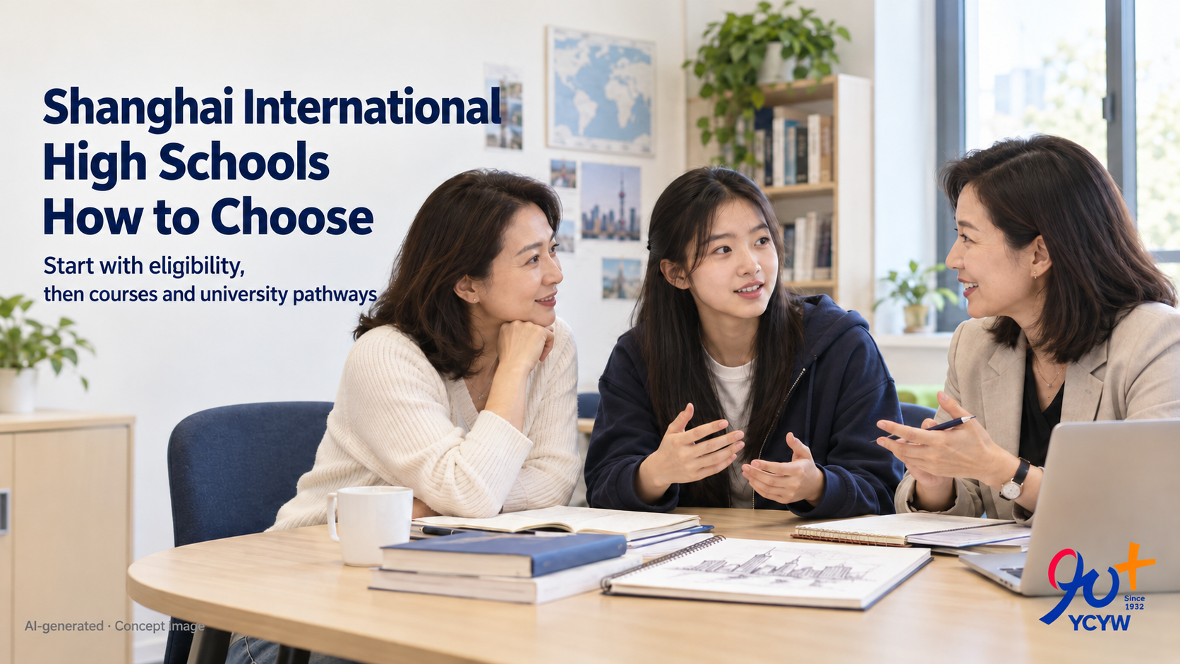 AI-generated concept image of a parent, high school student and counsellor discussing courses and university choices