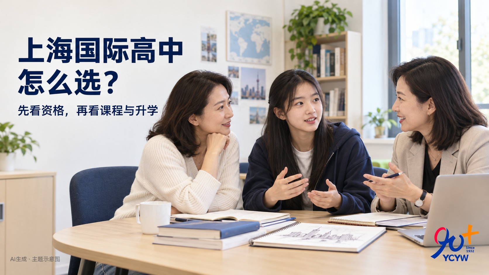 AI生成主题示意图：家长与高中生和升学老师讨论课程与大学选择