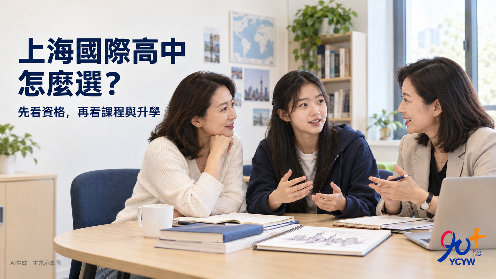 AI生成主題示意圖：家長與高中生和升學老師討論課程與大學選擇