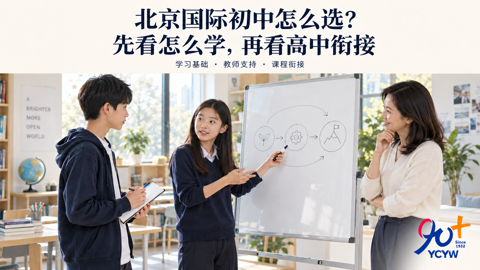 AI生成主题示意图：初中生向同伴讲解学习思路，教师在旁提供反馈