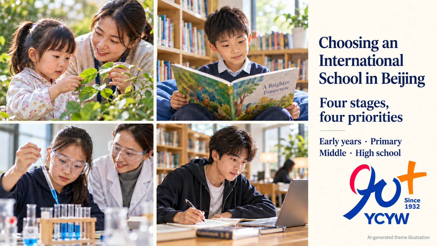 AI-generated theme illustration: early-years exploration, primary reading, middle-school science and high-school independent study