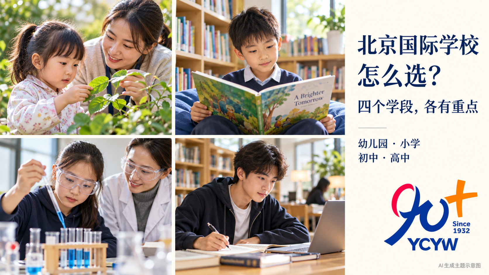AI生成主题示意图：幼儿探索、小学阅读、初中科学活动与高中自主学习