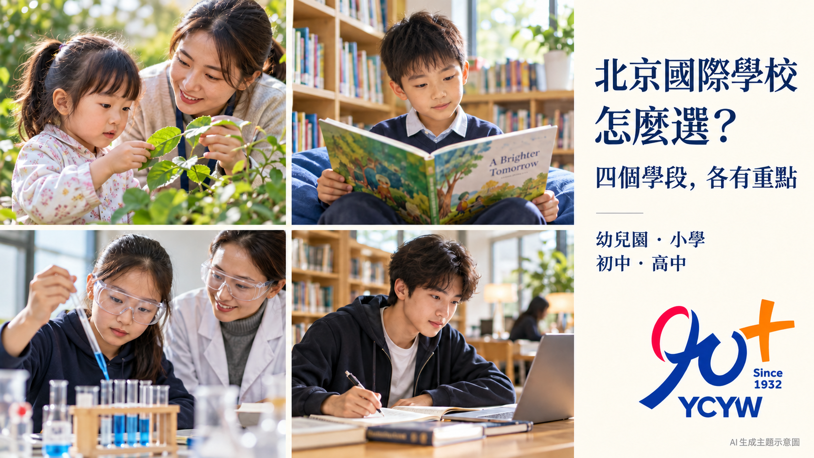 AI生成主題示意圖：幼兒探索、小學閱讀、初中科學活動與高中自主學習