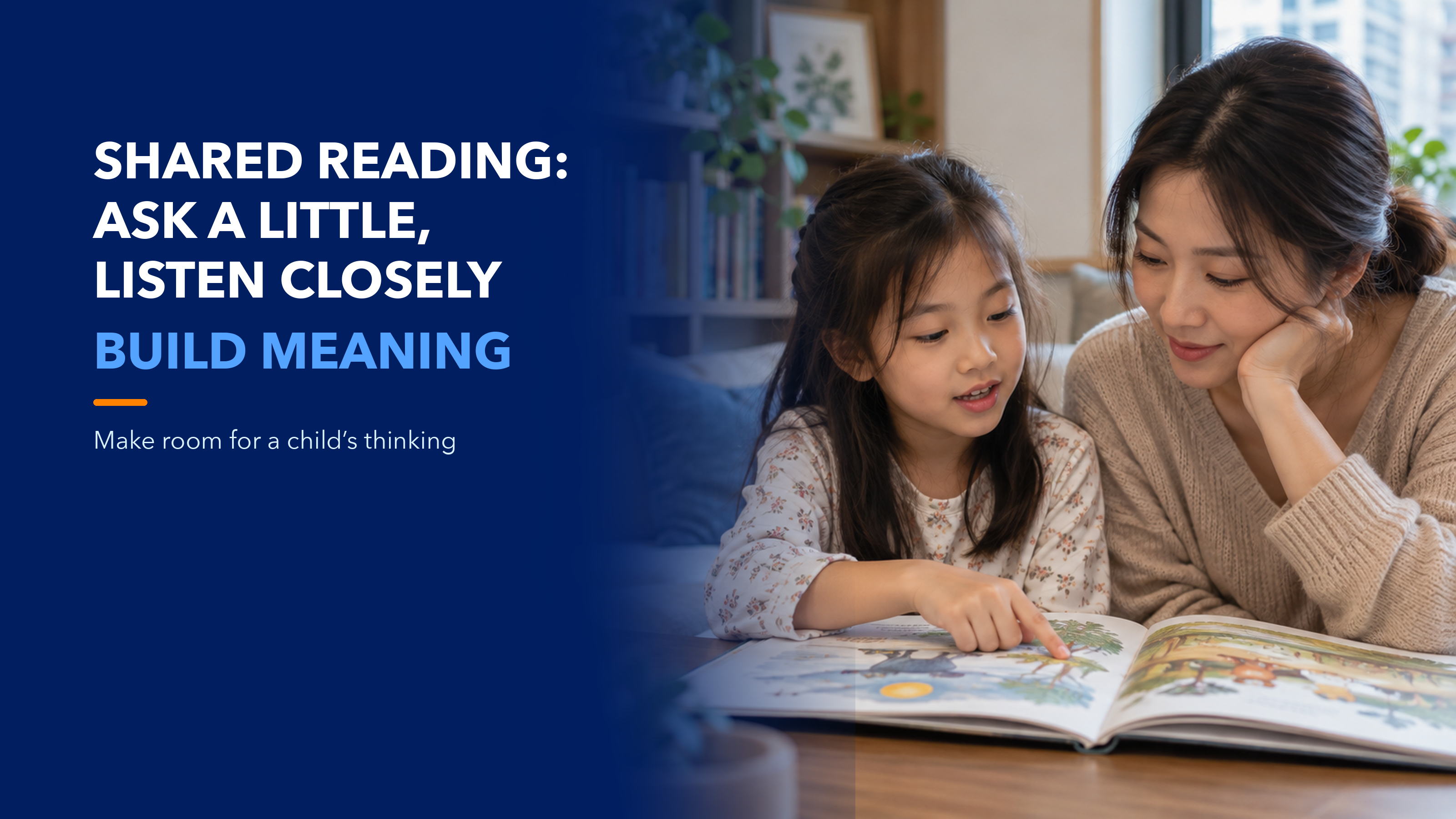 A parent listens to a child sharing a picture book beside a shared-reading headline; AI illustration.