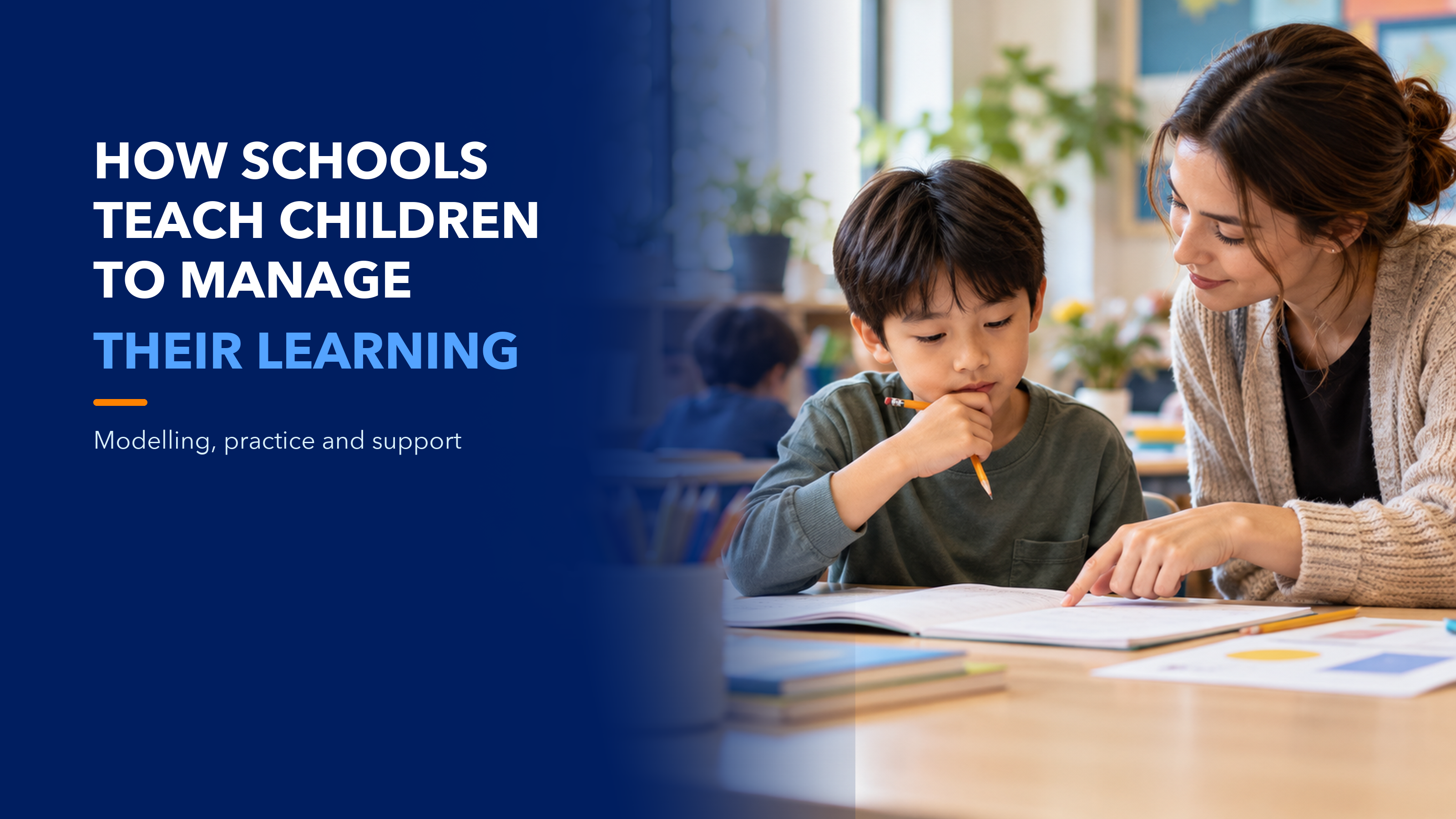 A learning-management headline beside a pupil and teacher looking at an open notebook. AI-generated illustration.