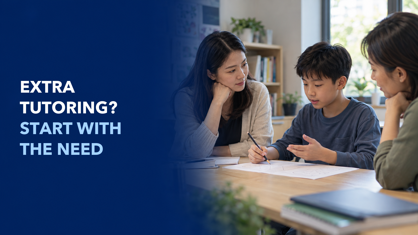 A child discusses schoolwork with two adults beside the words Extra Tutoring? Start with the Need; AI illustration.