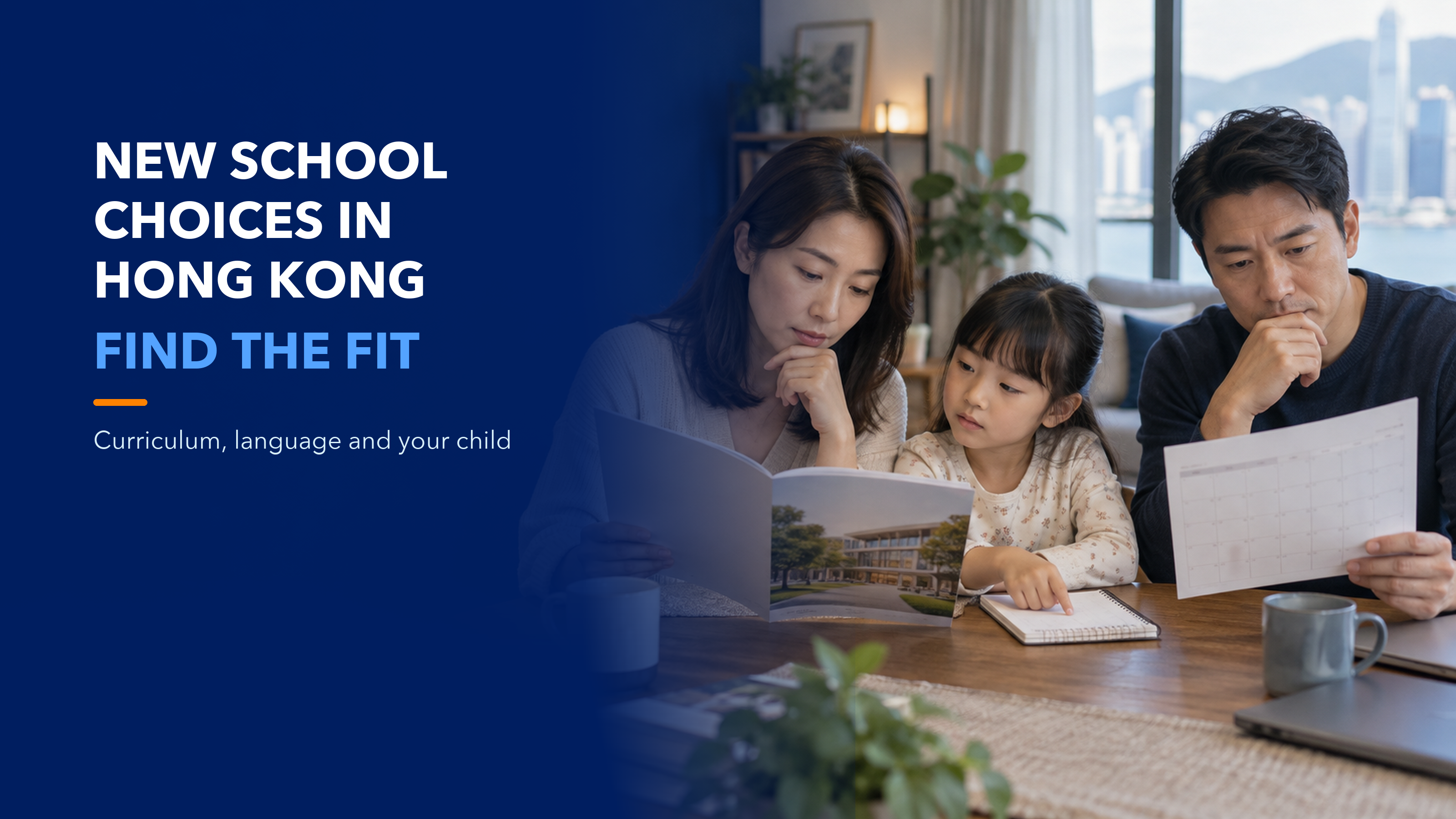 New school choices in Hong Kong: finding the right fit for your child; fictional family considering school information; AI illustration.