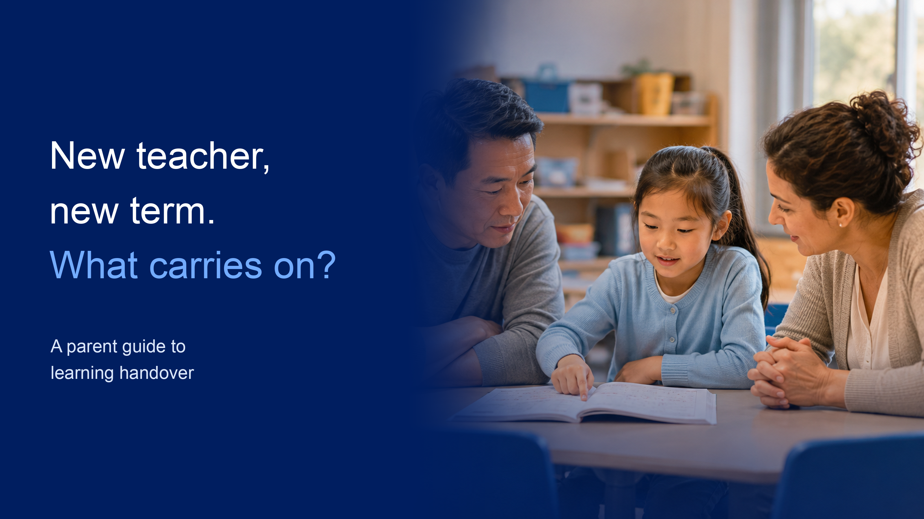 Illustrative scene of a child pointing to an exercise book while a parent and teacher listen, beside a navy title field.