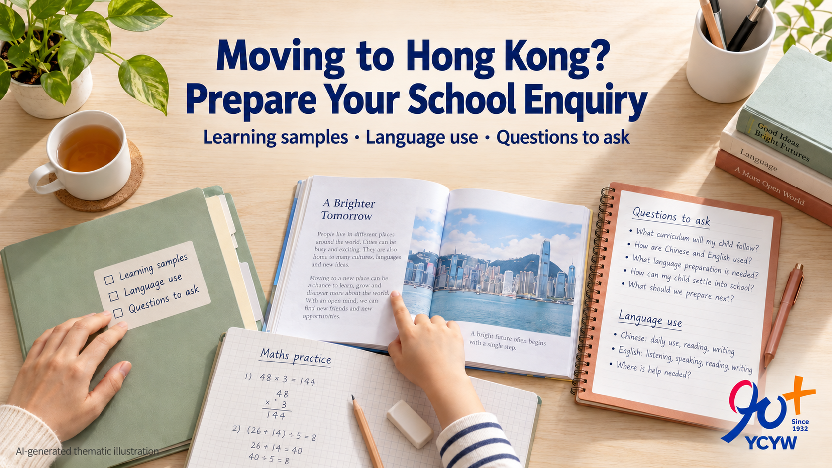 AI-generated thematic illustration of a parent and child organising learning samples at home before enquiring about schools in Hong Kong