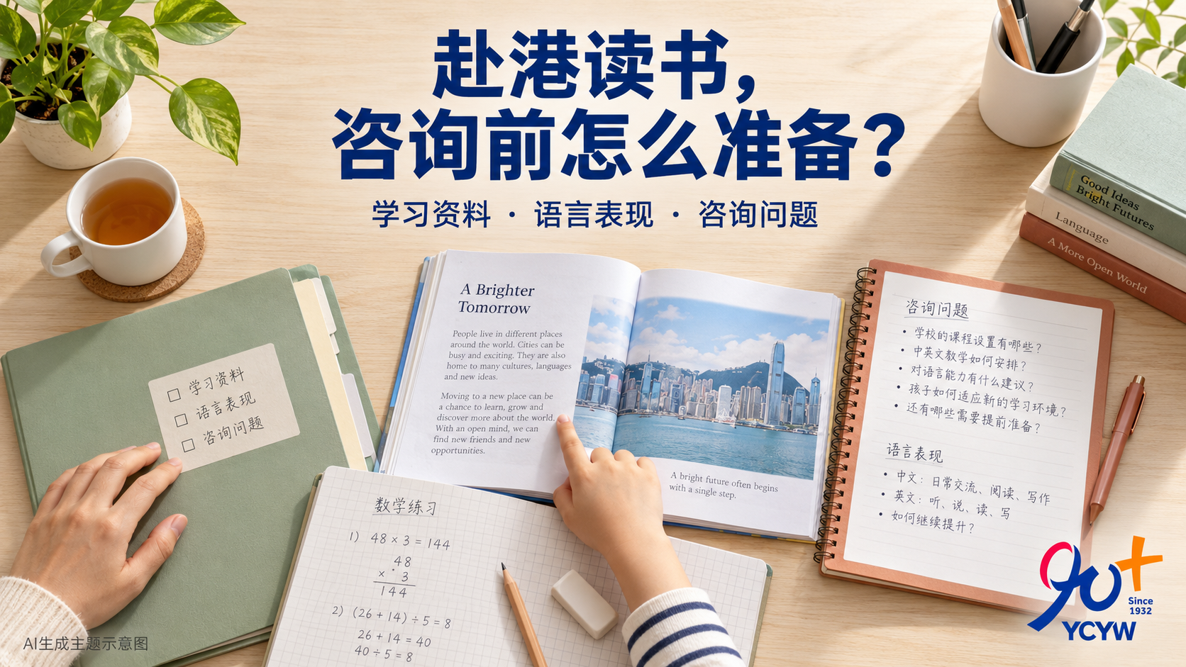 AI生成主题示意图：家长与孩子在家中整理学习资料，为赴港读书学校咨询作准备