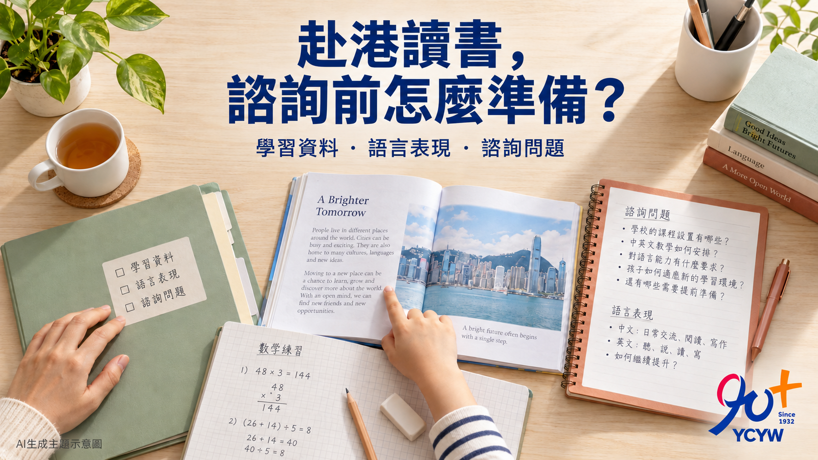 AI生成主題示意圖：家長與孩子在家中整理學習資料，為赴港讀書學校諮詢作準備
