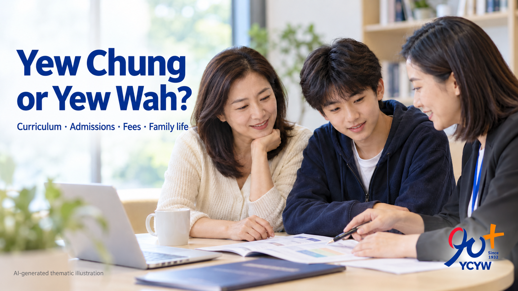 AI-generated thematic illustration of a parent and child discussing school choices with an admissions teacher