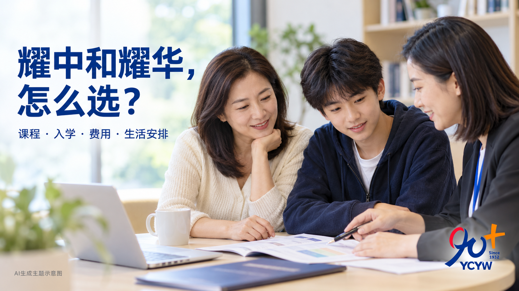 家长与孩子向招生老师咨询课程和择校安排的AI生成主题示意图