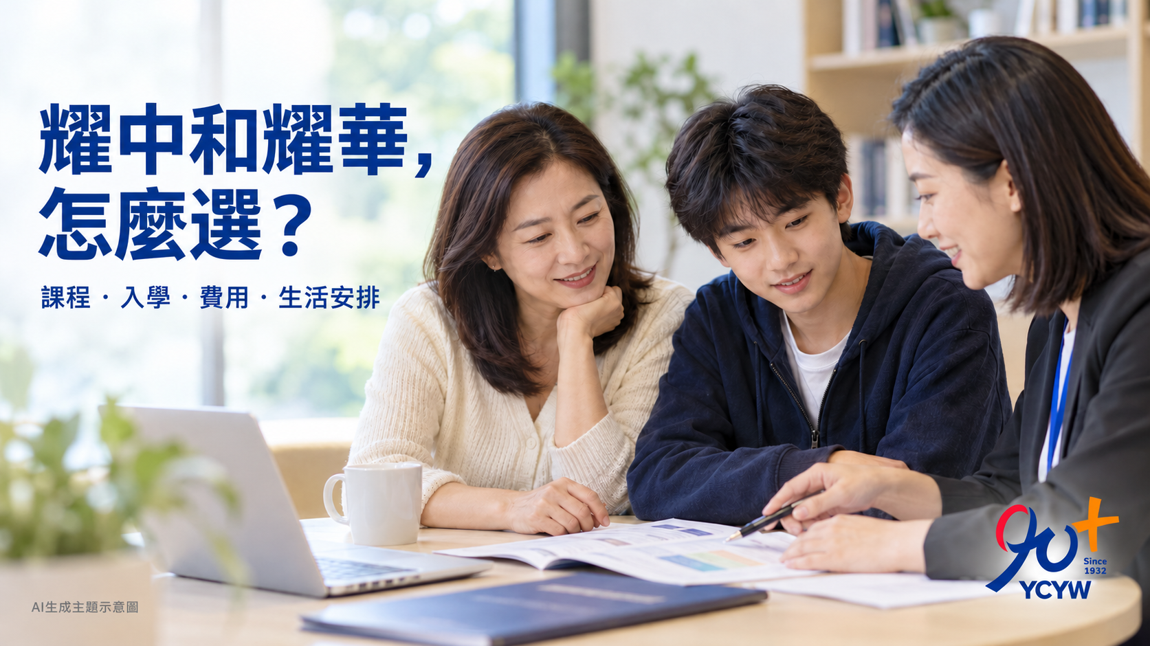家長與孩子向招生老師諮詢課程和擇校安排的AI生成主題示意圖
